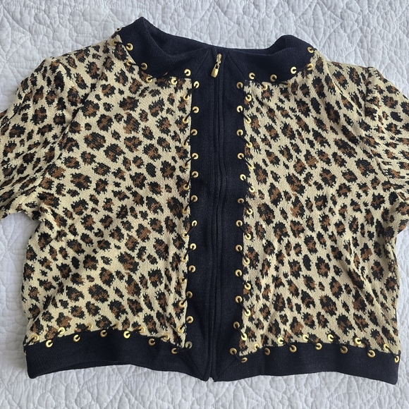 St.John Collection Leopard Print Zip Up Grommet Trim Knit Sweater Cardigan - Picture 2 of 10